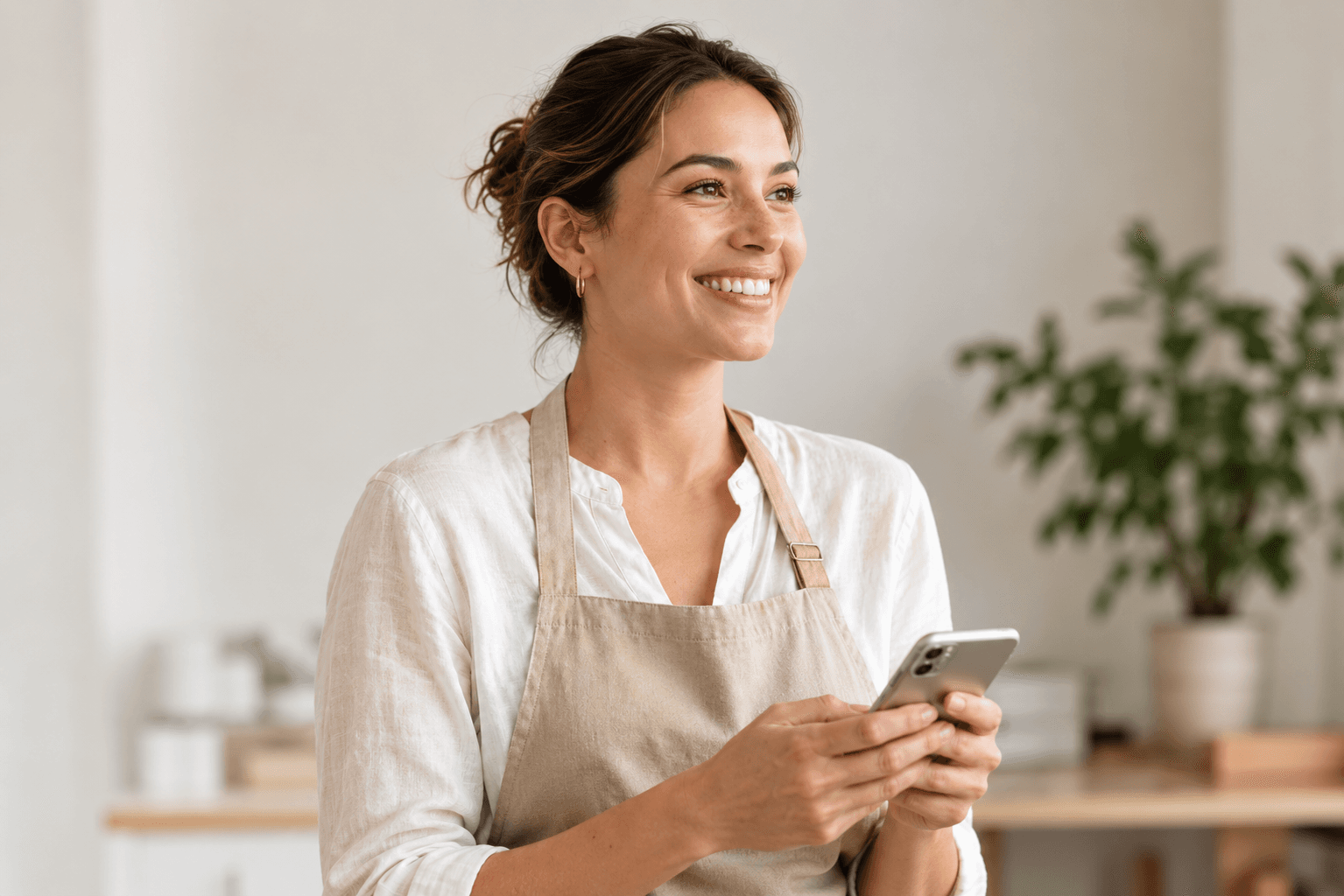 A small business owner reviewing her phone